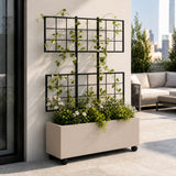 Wide Smooth Polystone Rectangular Planter with Steel Trellis and Wheels, Sand