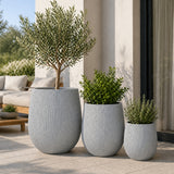 Set of 3 Fluted Round Polystone Indoor/Outdoor Planters, Gray
