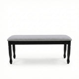 Traditional Grey Upholstered Dining Bench, Black Finish Solid Rubberwood