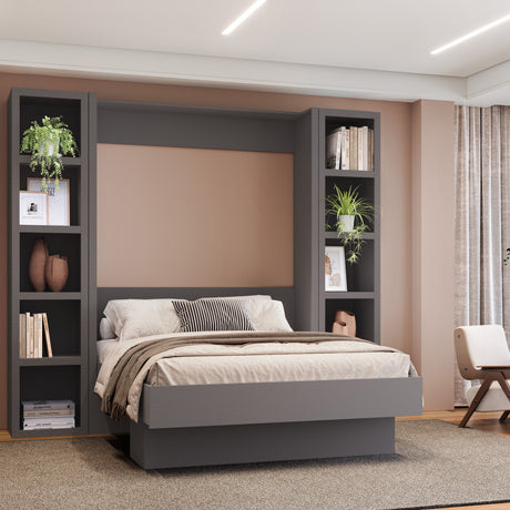 Easy-Lift Full Murphy Wall Bed in Dark Grey with Two Bookshelves - Sharicks