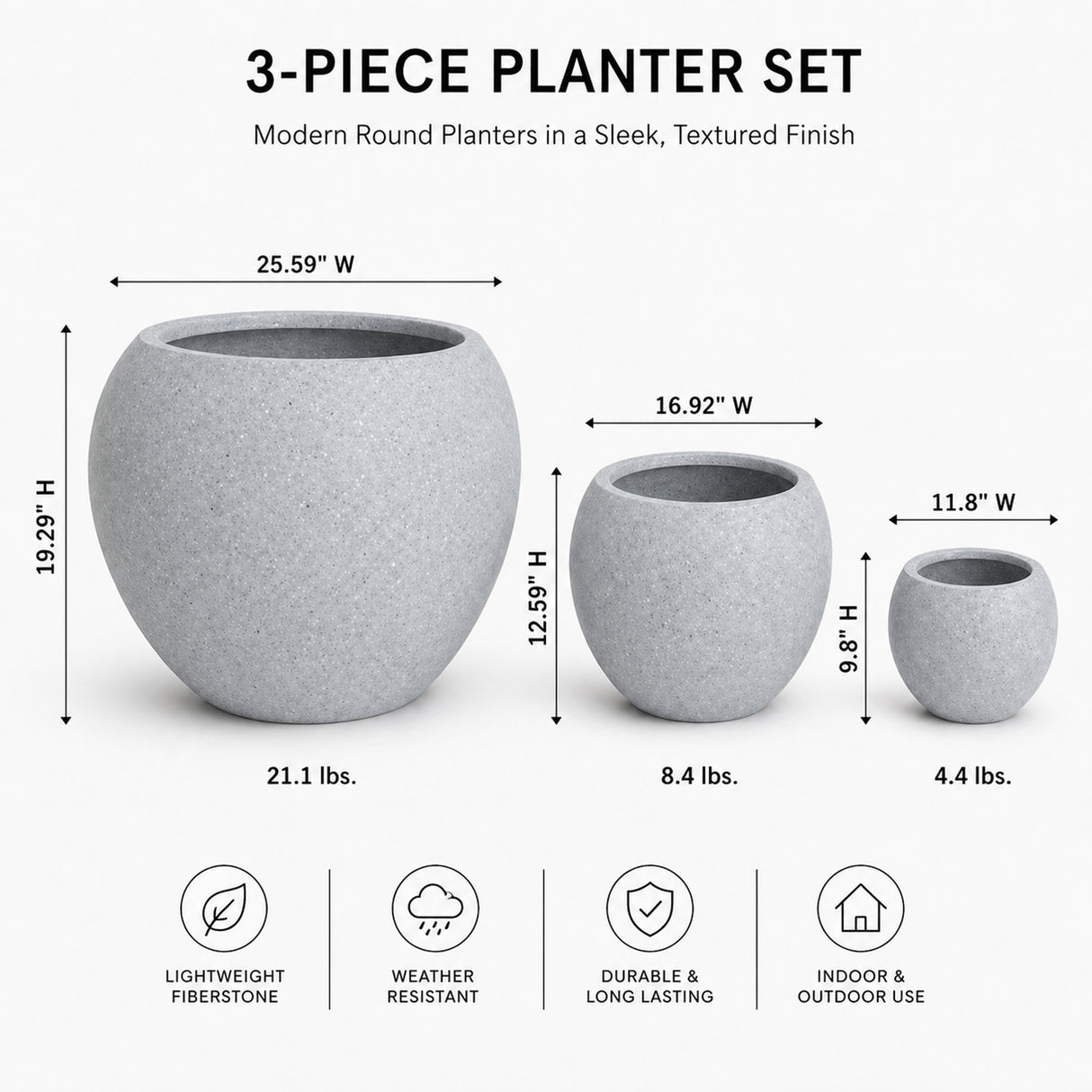 Set of 3 Smooth Round Polystone Indoor/Outdoor Planters, Gray