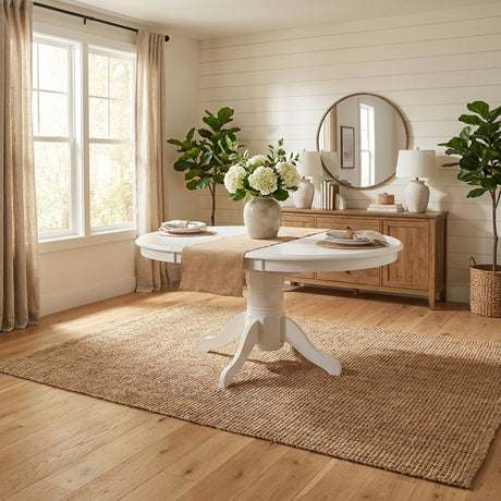 Modern 60 Inch Oval Extendable Dining Table, White Finish Solid Rubberwood