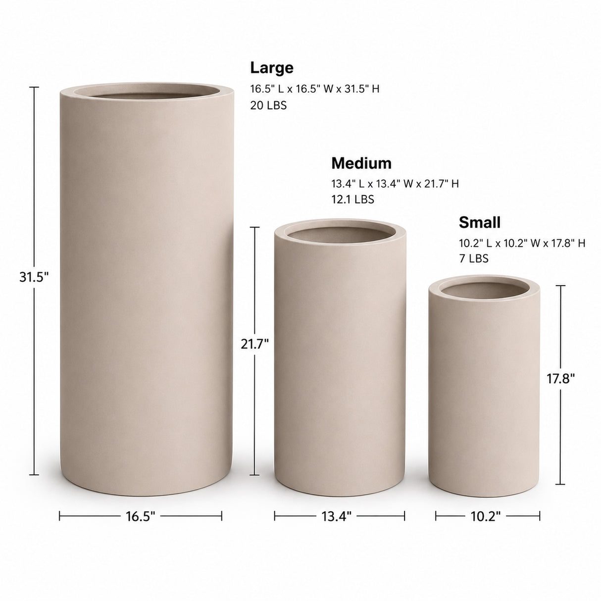 Set of 3 Tall Cylinder Polystone Indoor/Outdoor Planters, Sand