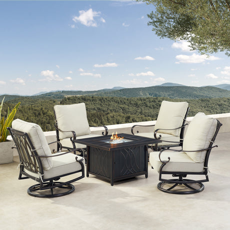 Black Aluminum Fire Table Set with Four Club Chairs - Sharicks