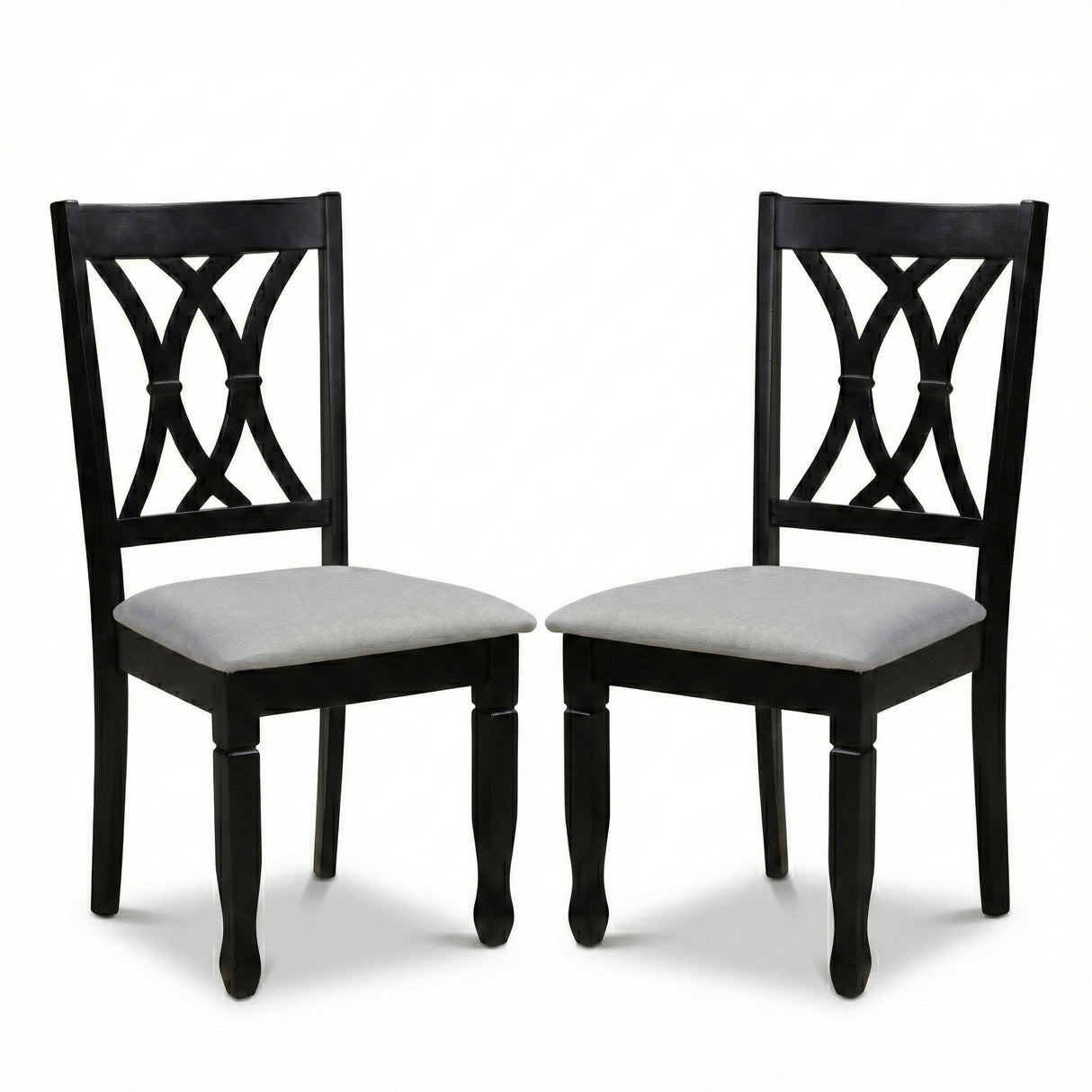 Traditional Dining Chairs, Set of 2, Black Finish with Grey Polyester Upholstered Seats Solid Rubberwood