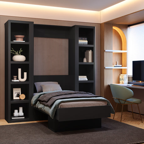 Easy-Lift Twin Murphy Wall Bed in Black with Two Bookshelves - Sharicks