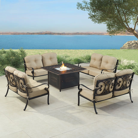 Black Aluminum Fire Table Set with Four Deep Seating Loveseat with Cushions - Sharicks