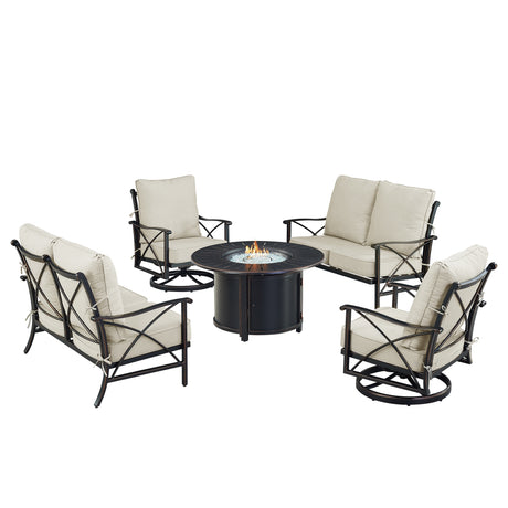 Black Aluminum Fire Table Set with Two Deep Seating Loveseat with Cushions and Two Club Chairs - Sharicks