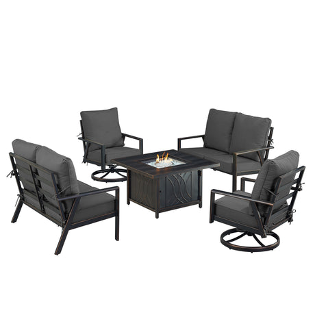 Black Aluminum Fire Table Set with Two Deep Seating Loveseat with Cushions and Two Club Chairs - Sharicks