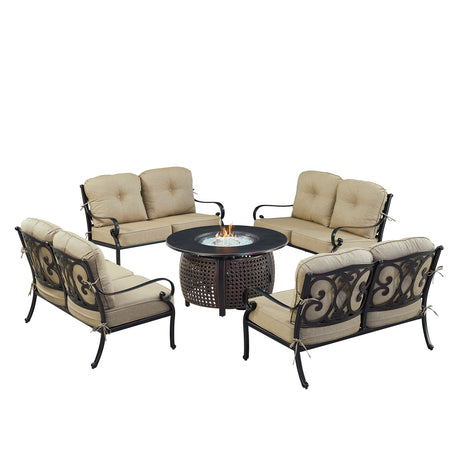 Black Aluminum Fire Table Set with Four Deep Seating Deep Seating Loveseat with Cushions - Sharicks