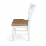 Farmhouse Dining Chairs, Set of 2, White Finish with Brown Polyester Upholstered Seats Solid Rubberwood