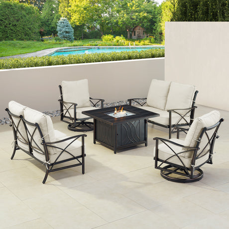 Black Aluminum Fire Table Set with Two Deep Seating Loveseat with Cushions and Two Club Chairs - Sharicks