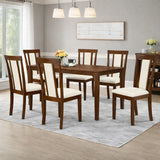 Traditional 7-Piece 59 Inch Rectangular Dining Set, Dirty Oak Finish with Beige Polyester Upholstered Chairs, Solid Rubberwood