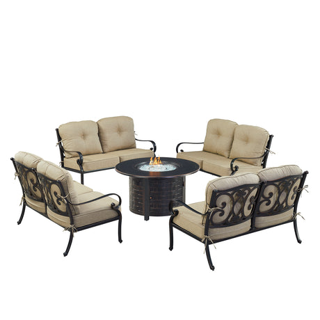 Black Aluminum Fire Table Set with Four Deep Seating Loveseat with Cushions - Sharicks