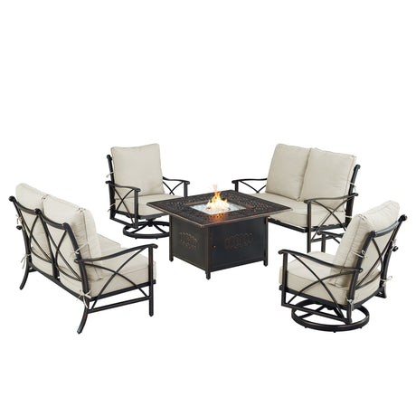 Black Aluminum Fire Table Set with Two Deep Seating Loveseat with Cushions and Two Club Chairs - Sharicks