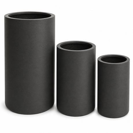 Set of 3 Tall Cylinder Polystone Indoor/Outdoor Planters, Black