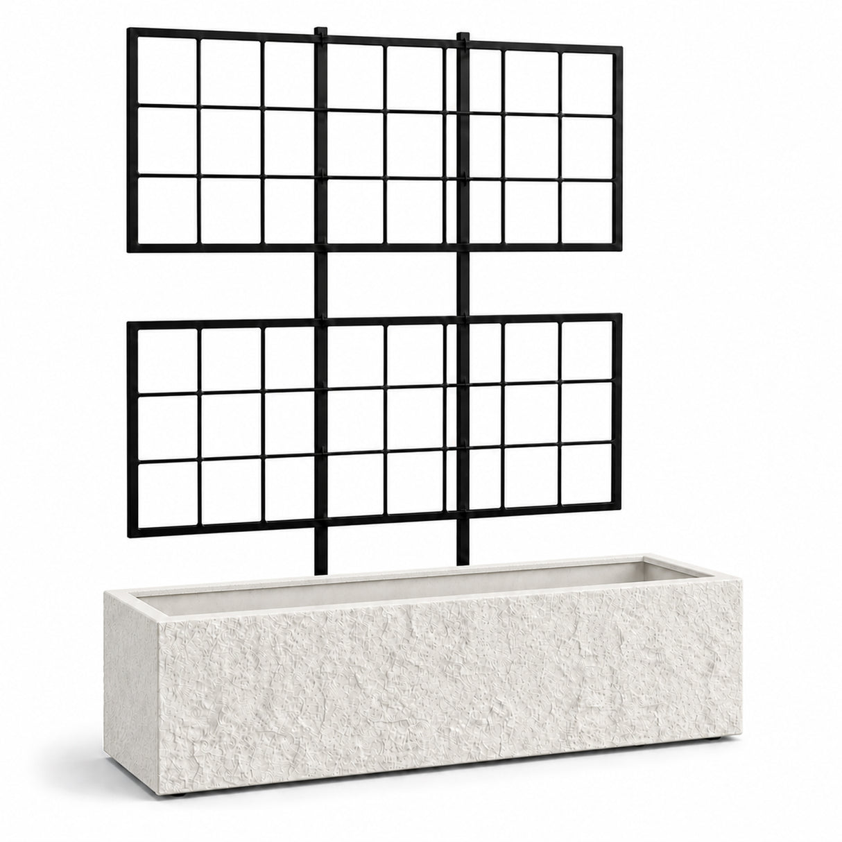 Rock Texture Rectangular Polystone Planter with Steel Trellis, White