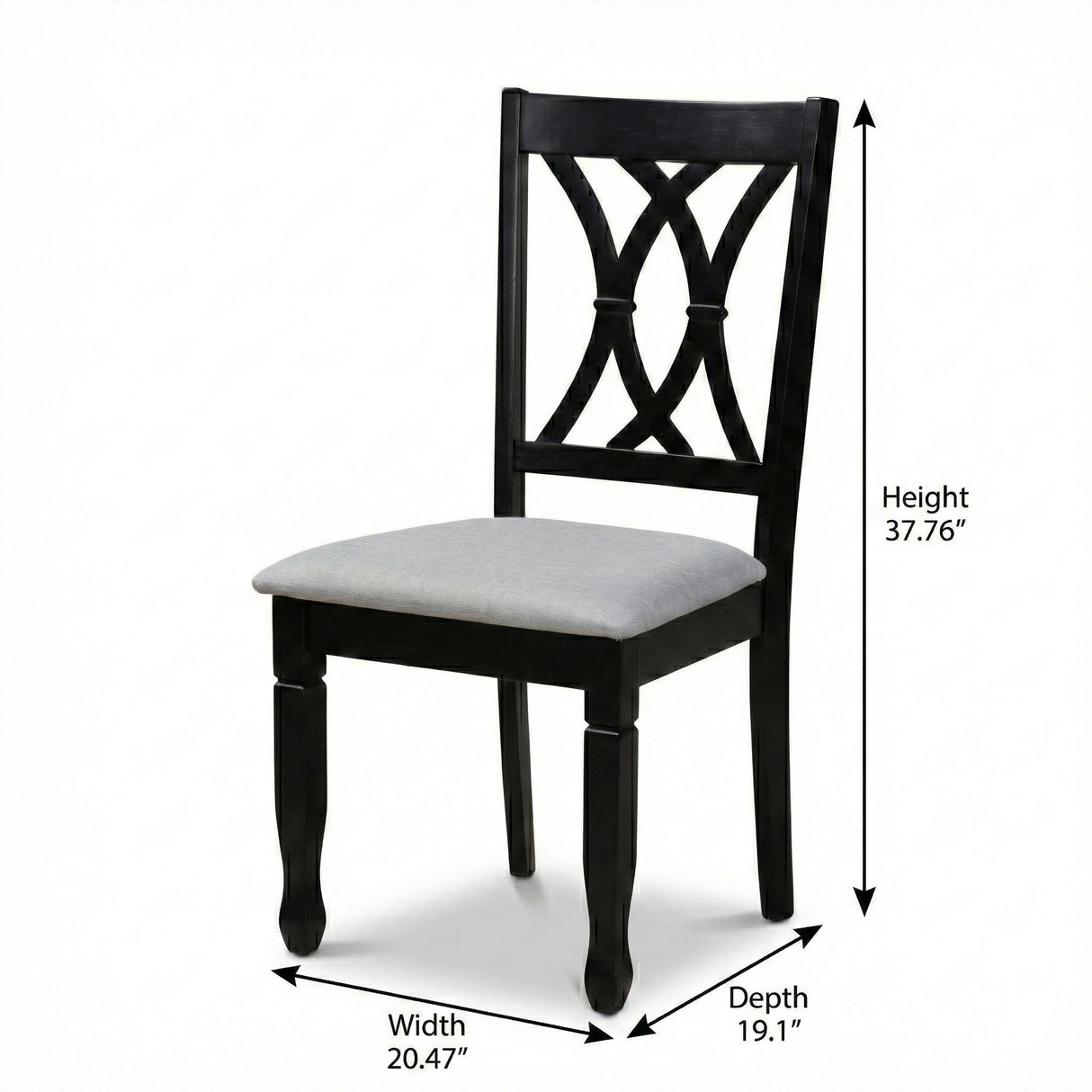 Traditional Dining Chairs, Set of 2, Black Finish with Grey Polyester Upholstered Seats Solid Rubberwood