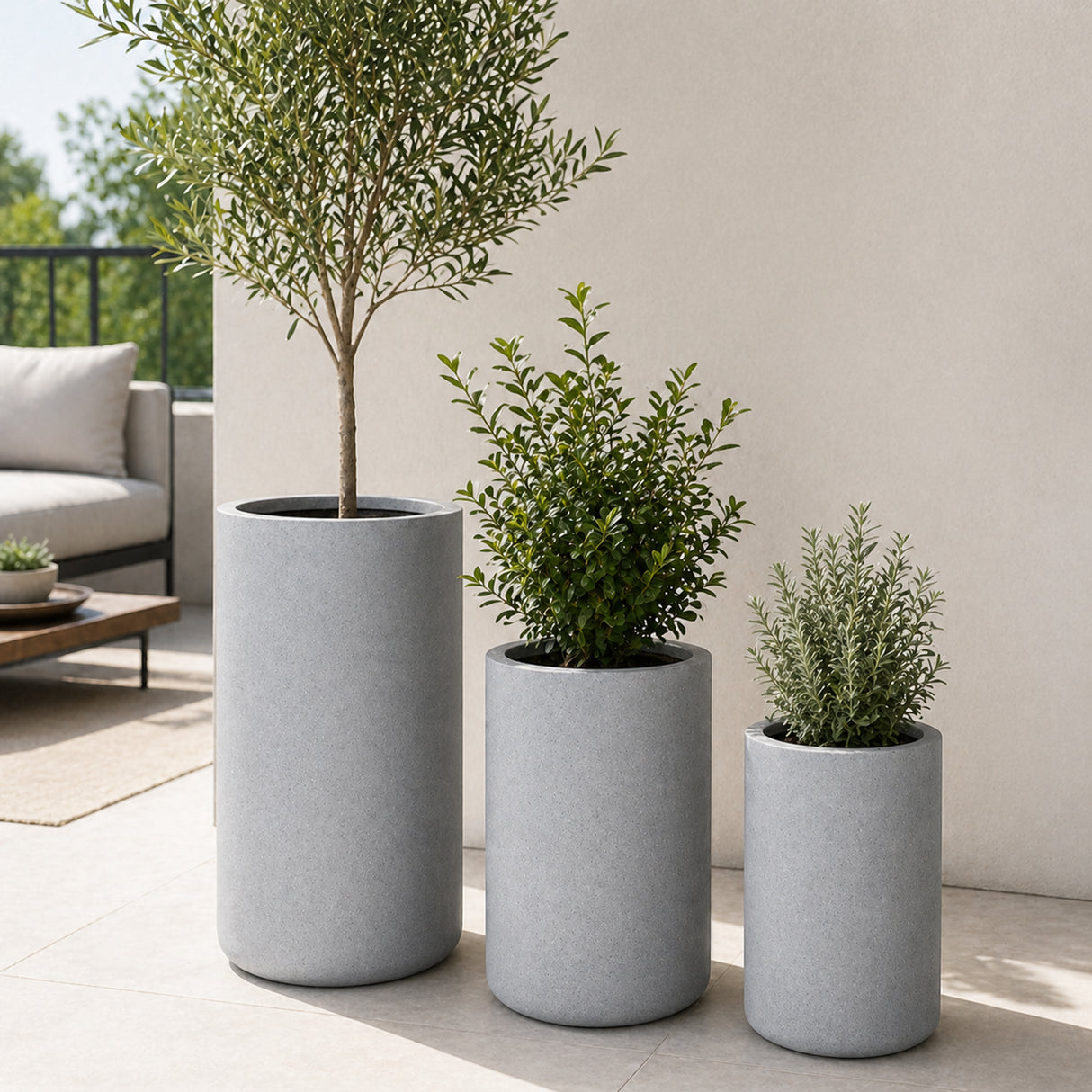 Set of 3 Tall Cylinder Polystone Indoor/Outdoor Planters, Gray