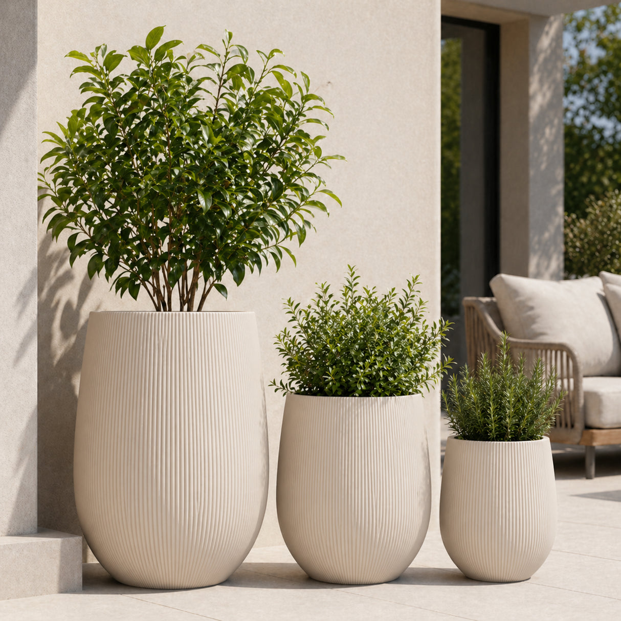 Set of 3 Fluted Round Polystone Indoor/Outdoor Planters, Sand