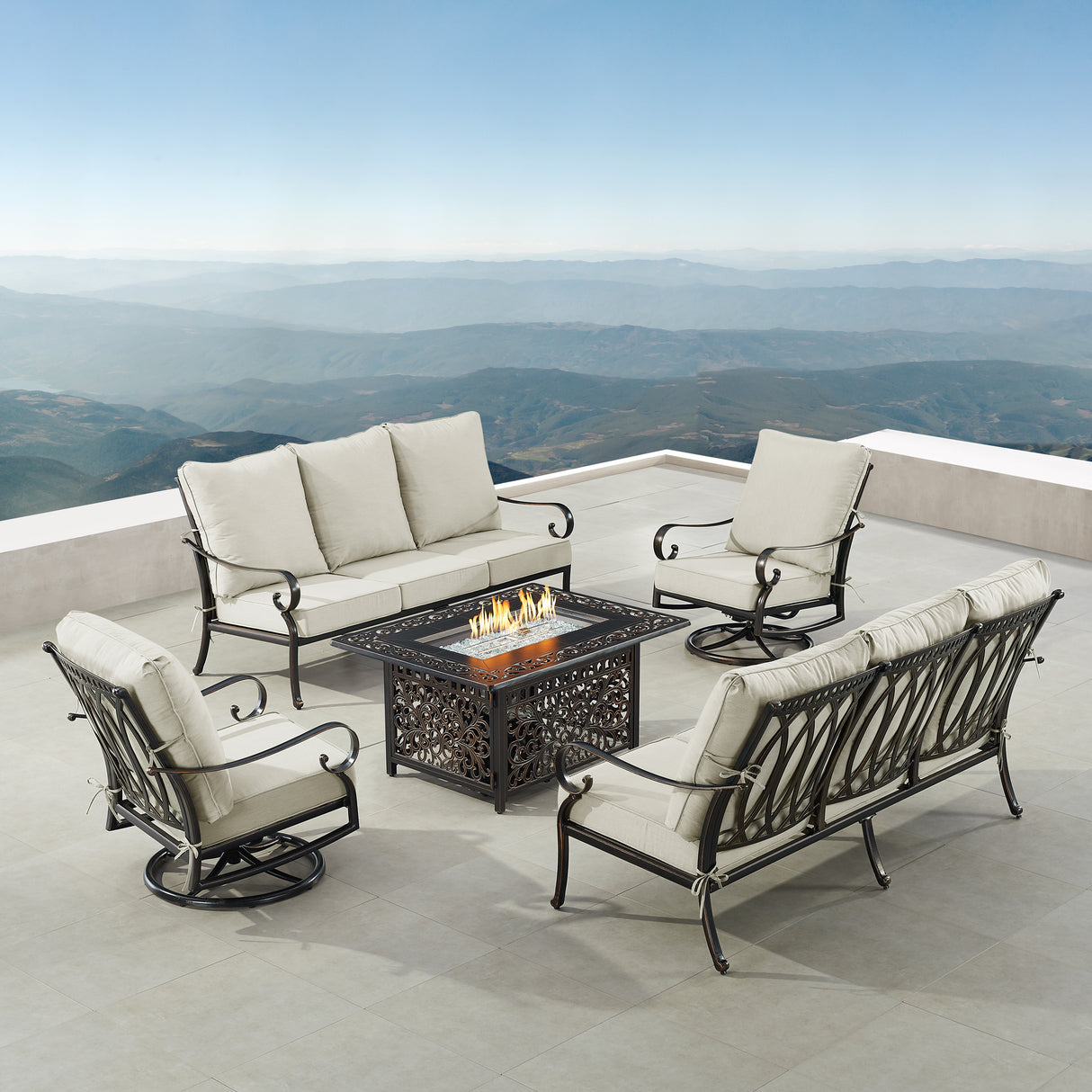 Black Aluminum Fire Table Set with Two Sofas and Two Club Chairs