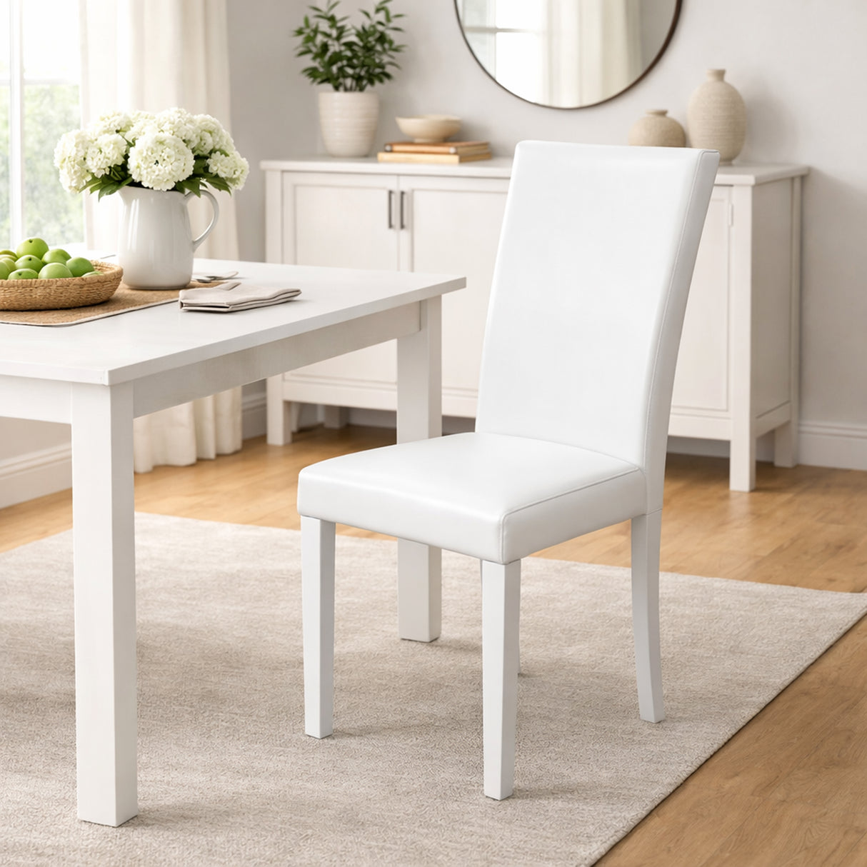 Modern Dining Chairs, Set of 2, White Finish with White PU Leather Upholstered Seats Solid Rubberwood