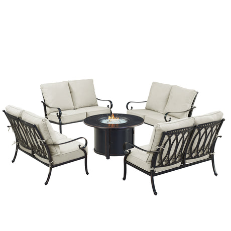 Black Aluminum Fire Table Set with Four Deep Seating Loveseats