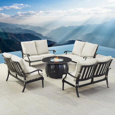 Black Aluminum Fire Table Set with Four Deep Seating Loveseats - Sharicks