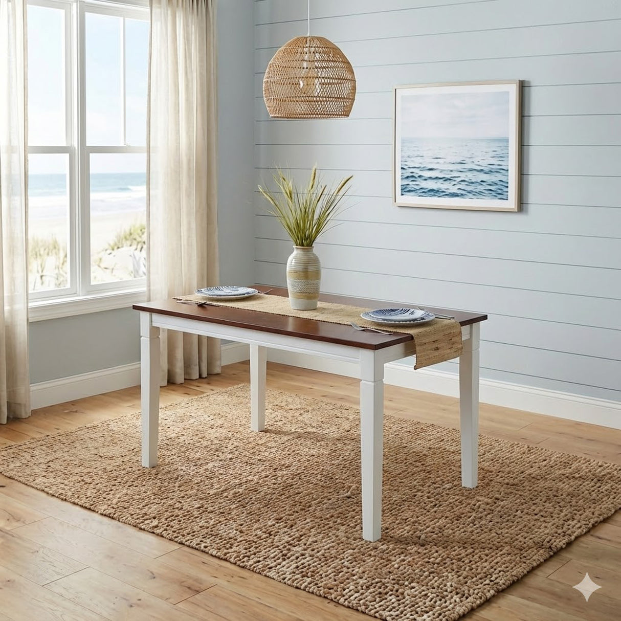 Traditional 6-Piece 59 Inch Rectangular Dining Set with Bench, Dirty Oak/White Finish, Solid Rubberwood