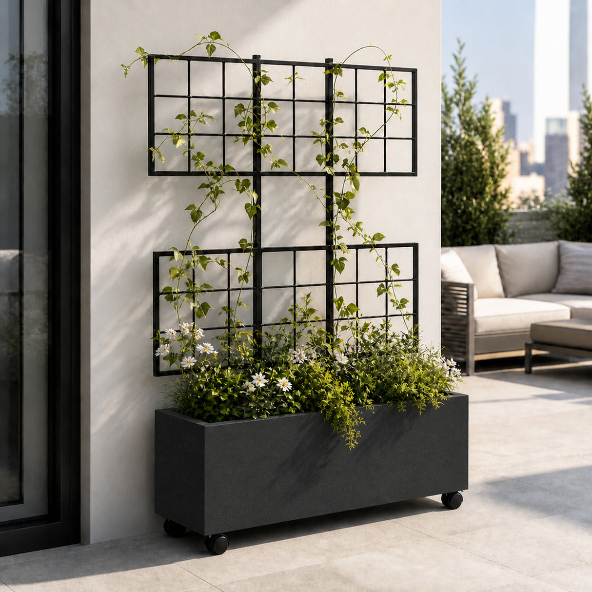 Wide Smooth Polystone Rectangular Planter with Steel Trellis and Wheels, Black