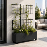 Wide Smooth Polystone Rectangular Planter with Steel Trellis and Wheels, Black