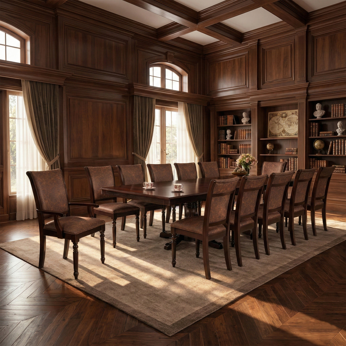 Traditional 13-Piece 118 Inch Extendable Rectangular Dining Set, Expresso Finish with Dark Brown PU Leather Upholstered Chairs, Solid Rubberwood