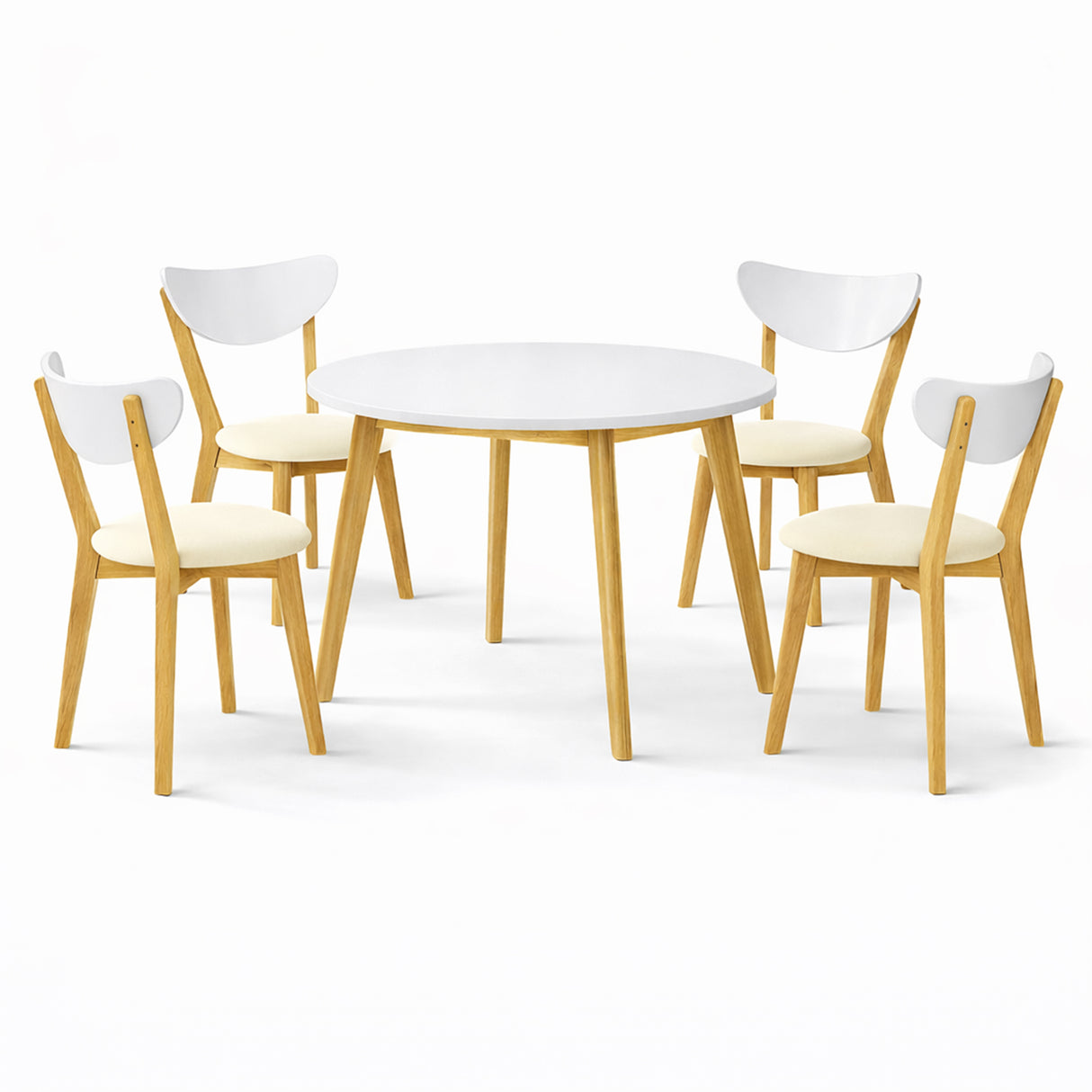 Modern 5-Piece 40.5 Inch Round Dining Set, White/Natural Finish with Beige Polyester Upholstered Chairs, Solid Rubberwood