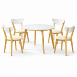 Modern 5-Piece 40.5 Inch Round Dining Set, White/Natural Finish with Beige Polyester Upholstered Chairs, Solid Rubberwood