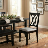 Traditional 6-Piece 63 Inch Rectangular Dining Set, Black Finish with Grey Polyester Upholstered Seating, Solid Rubberwood
