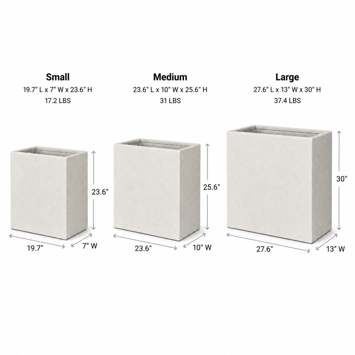 Set of 3 Rectangular Polystone Indoor/Outdoor Planters, White
