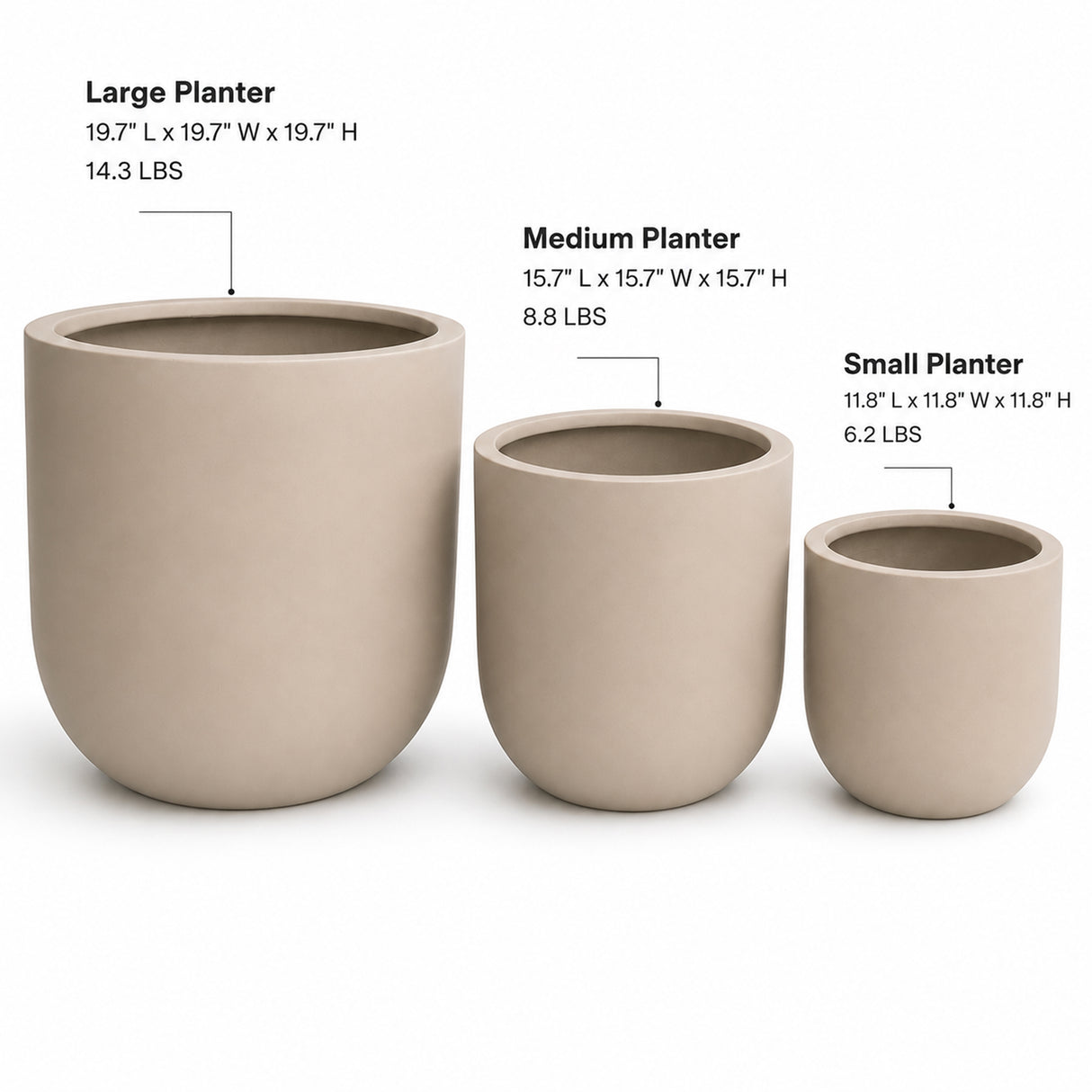 Set of 3 Round Cylinder Polystone Indoor/Outdoor Planters, Sand