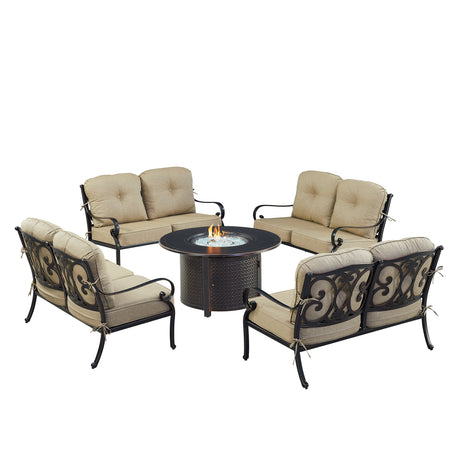 Black Aluminum Fire Table Set with Four Deep Seating Loveseat with Cushions - Sharicks