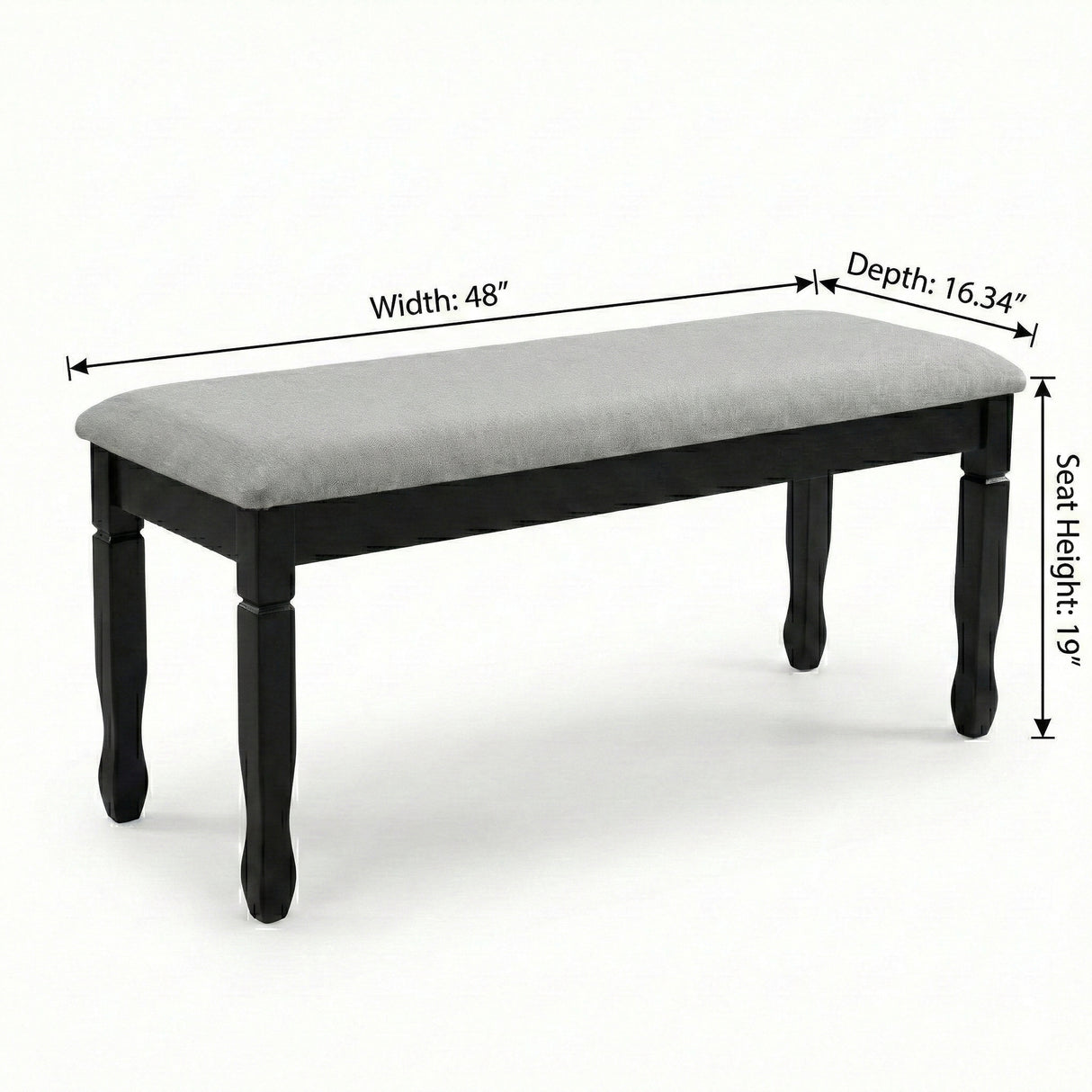Traditional Grey Upholstered Dining Bench, Black Finish Solid Rubberwood