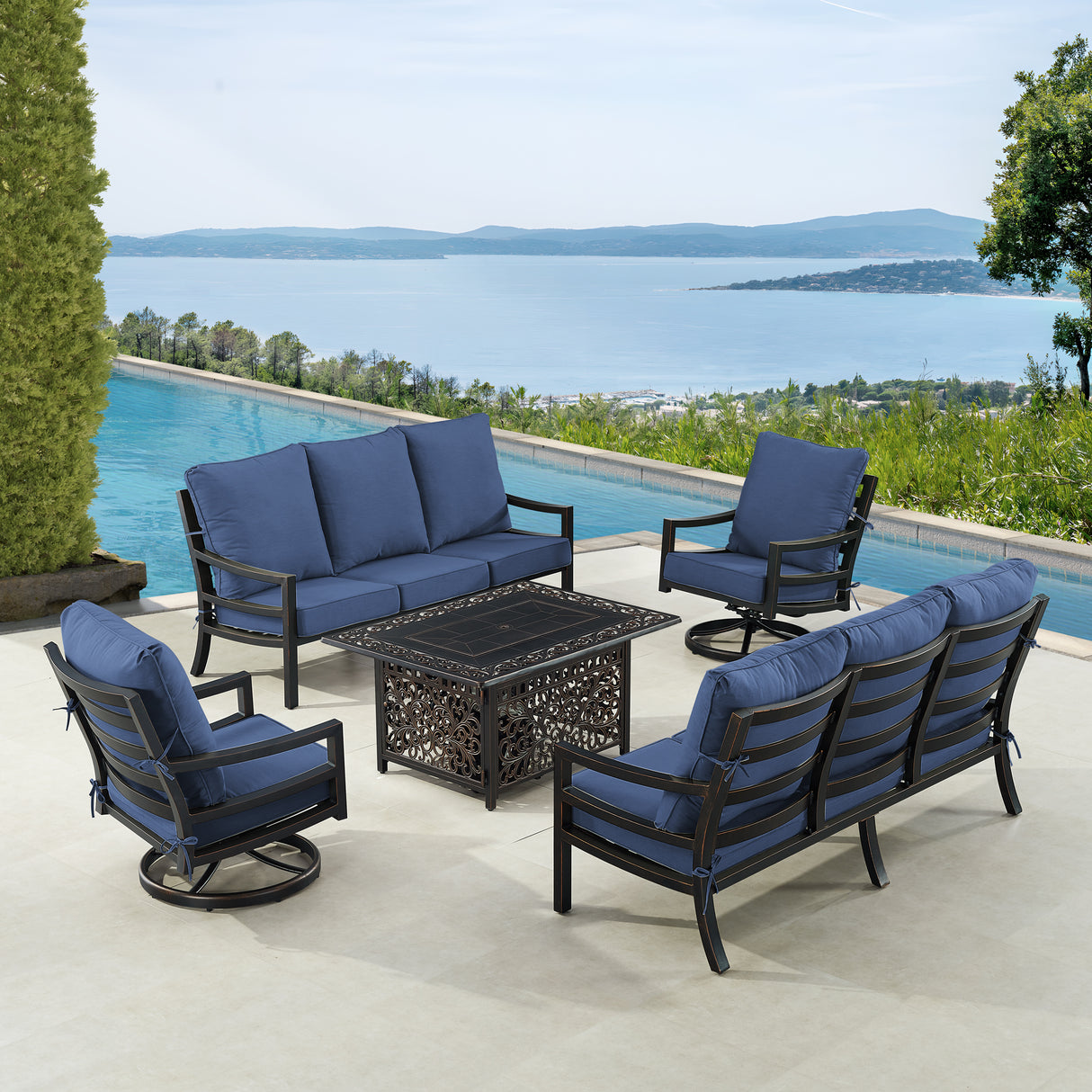 Black Aluminum Fire Table Set with Two Sofas and Two Club Chairs