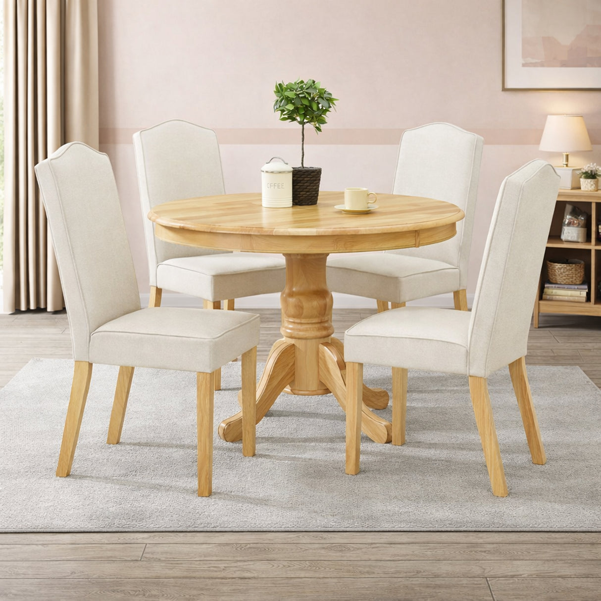 Modern 5-Piece 47 Inch Round Dining Set, Natural Finish with Light Beige Polyester Upholstered Chairs, Solid Rubberwood