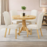 Modern 5-Piece 47 Inch Round Dining Set, Natural Finish with Light Beige Polyester Upholstered Chairs, Solid Rubberwood