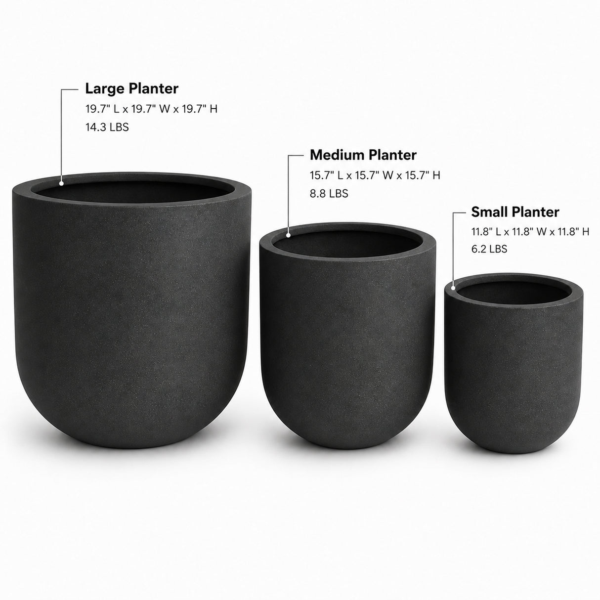 Set of 3 Round Cylinder Polystone Indoor/Outdoor Planters, Black
