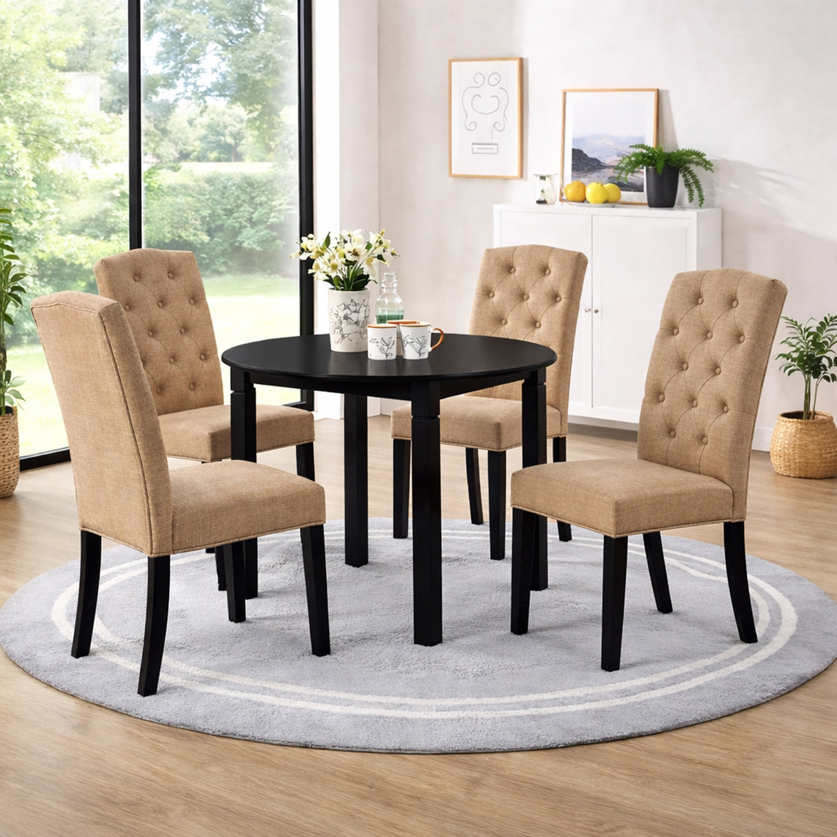 Modern 5-Piece 42 Inch Round Dining Set, Black Finish with Sand Beige Polyester Upholstered Chairs, Solid Rubberwood