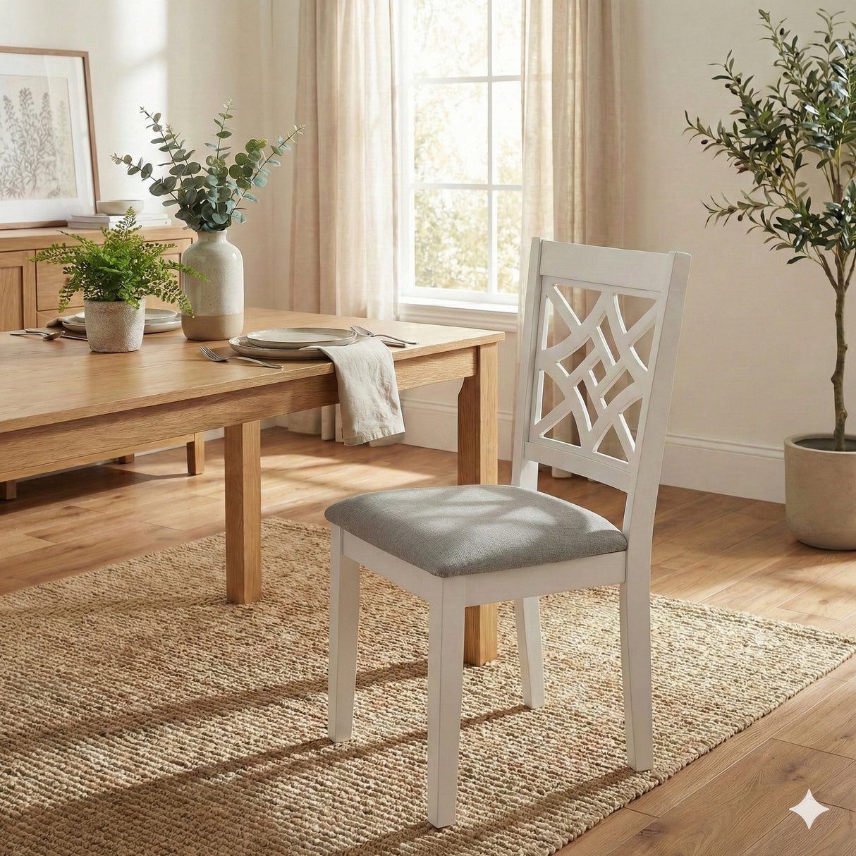 Traditional Dining Chairs, Set of 2, White Finish with Grey Polyester Upholstered Seats Solid Rubberwood