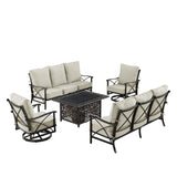 Black Aluminum Fire Table Set with Two Deep Seating Sofa with Cushions and Two Club Chairs