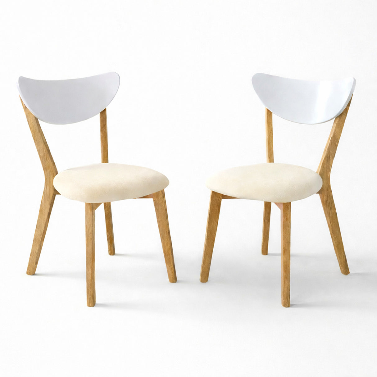 Modern Dining Chairs, Set of 2, White/Natural Finish with Beige Polyester Upholstered Seats Solid Rubberwood