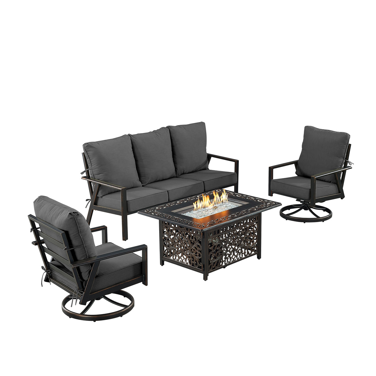 Black Aluminum Fire Table Set with Deep Seating Sofa with Cushion and Two Club Chairs - Sharicks