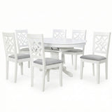 Farmhouse 7-Piece 60 Inch Oval Extendable Dining Set, White Finish with Grey Polyester Upholstered Chairs, Solid Rubberwood