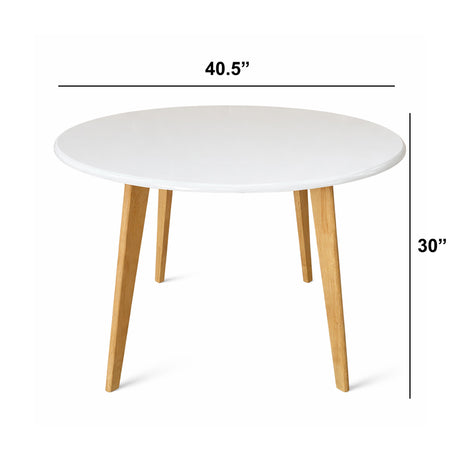 Modern 5-Piece 40.5 Inch Round Dining Set, White/Natural Finish with Beige Polyester Upholstered Chairs, Solid Rubberwood